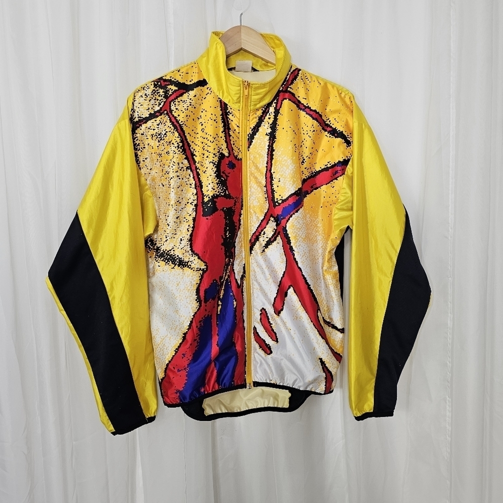 Vintage Louis Garneau bright yellow windbreaker jacket abstract pattern medium